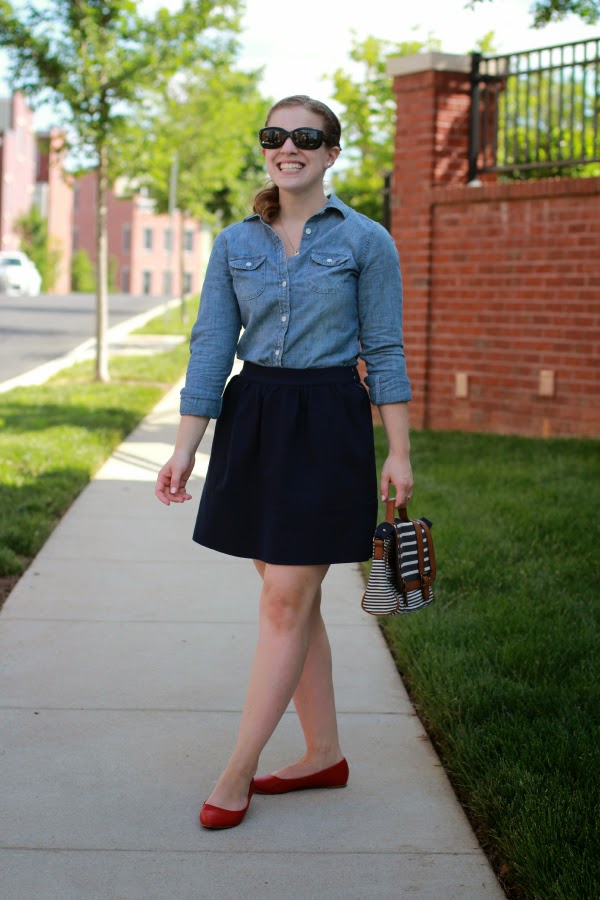 Chambray Another Way | Something Good chambray shirt, madewell skirt, red flats, lulu*s shoes, american eagle outfitter chambray