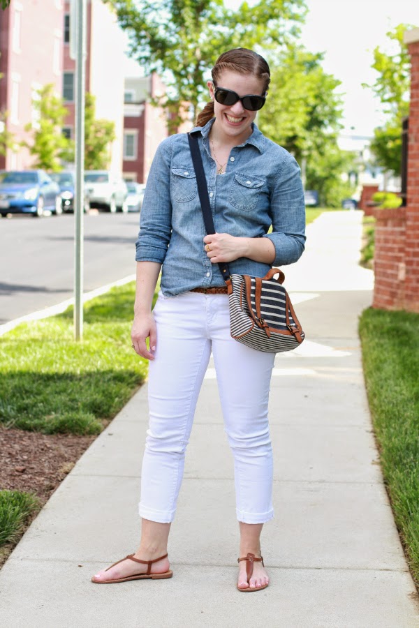 Blue jeans, white shirt...white jeans, blue shirt | Something Good white jeans, jean shirt, chambray shirt, sandals, t strap sandals, american eagle outfitters, loft jeans, aeo bag