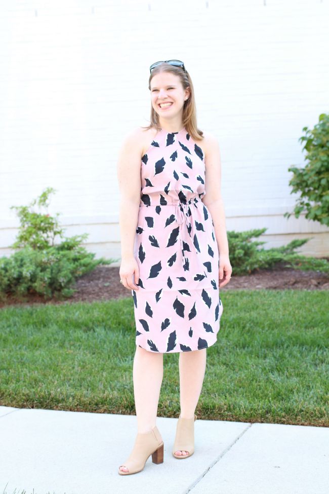 loft midi dress, floral midi, pink midi dress, halter dress, peep toe booties, steve madden booties, rayban, sunglasses