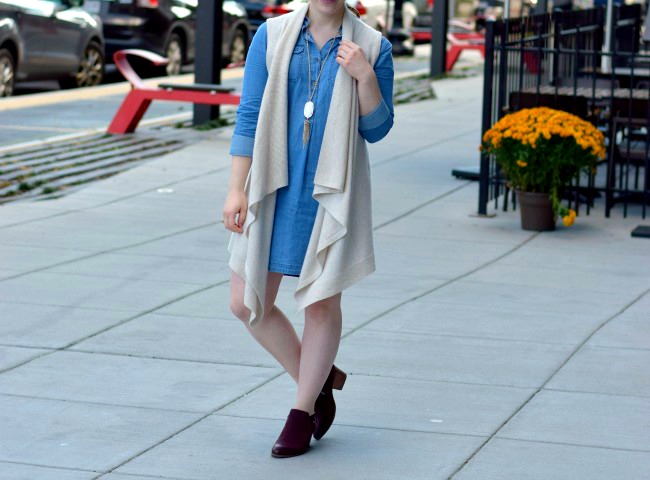The Chambray Dress | Something Good, cranberry booties, burgundy ankle boots, ankle boots