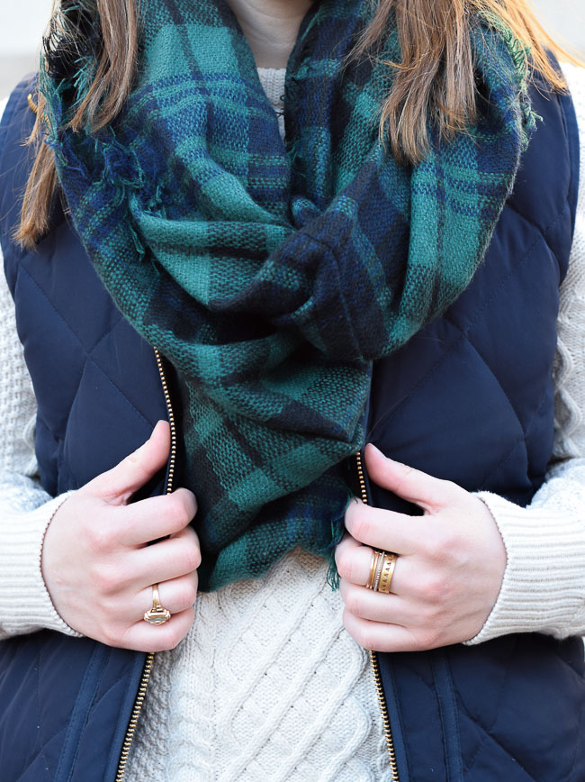 The Fisherman Sweater | Something Good, plaid blanket scarf, jewelry