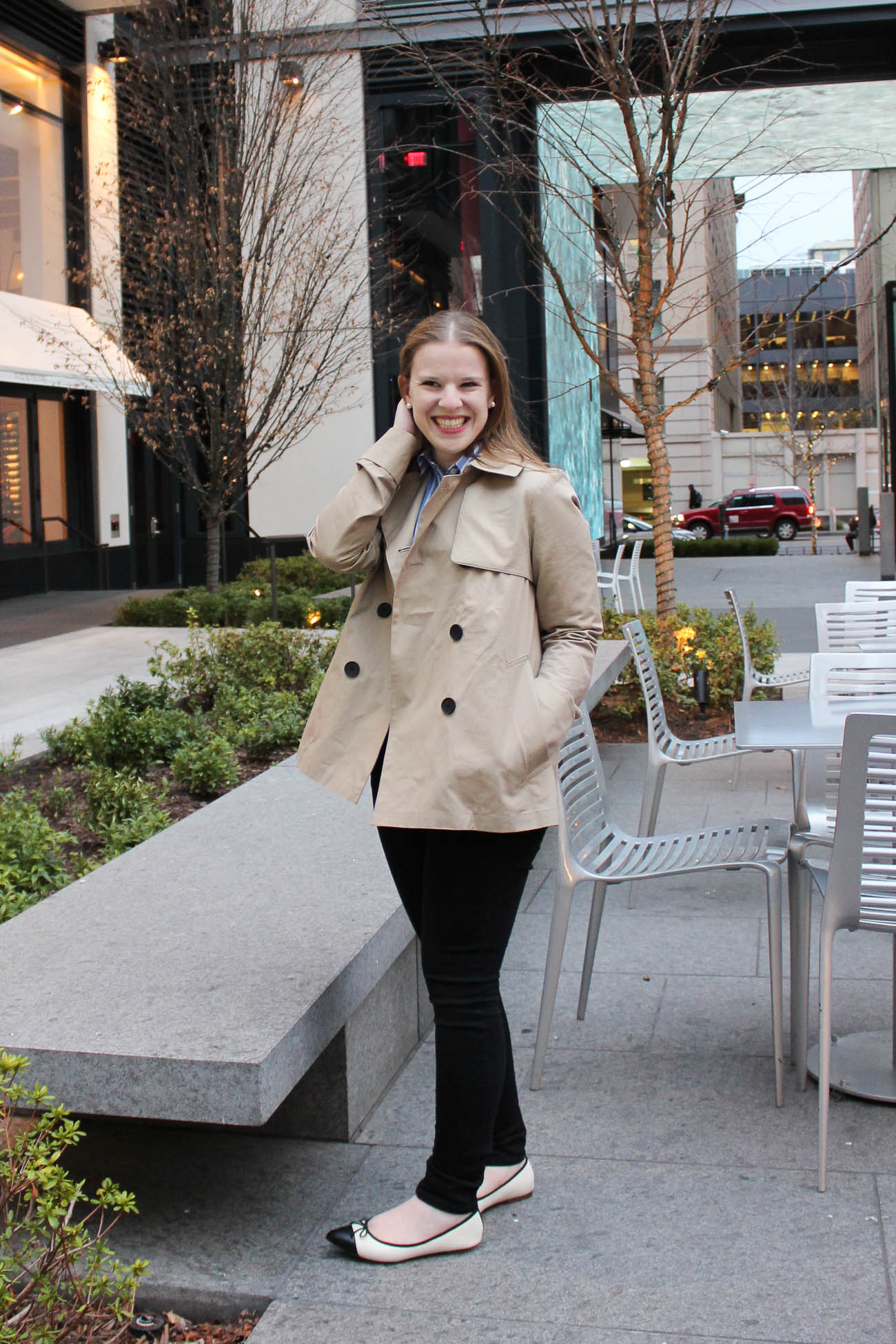 The Everlane Swing Trench | Something Good, old navy rockstar denim, sculpt denim, j.crew cap toe ballet flats, ballet flats, j.crew factory striped popover, j.crew striped button up, women, clothing, fashion, style, clothes, work outfit, jeans, pants, ballet flats, trench, button up shirt, work appropriate, work styles, fall fashion, 