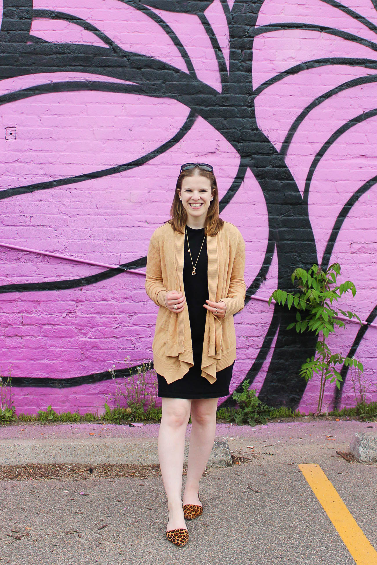 The Camel Cardigan | Something Good, @danaerinw women, fashion, clothing, clothes, style, little black dress, black dress, tee dress, t-shirt dress, camel cardigan, abercrombie and fitch, drapey cardigan, leopard print flats, j.crew factory, leopard shoes, old navy, spring style, work style, work appropriate