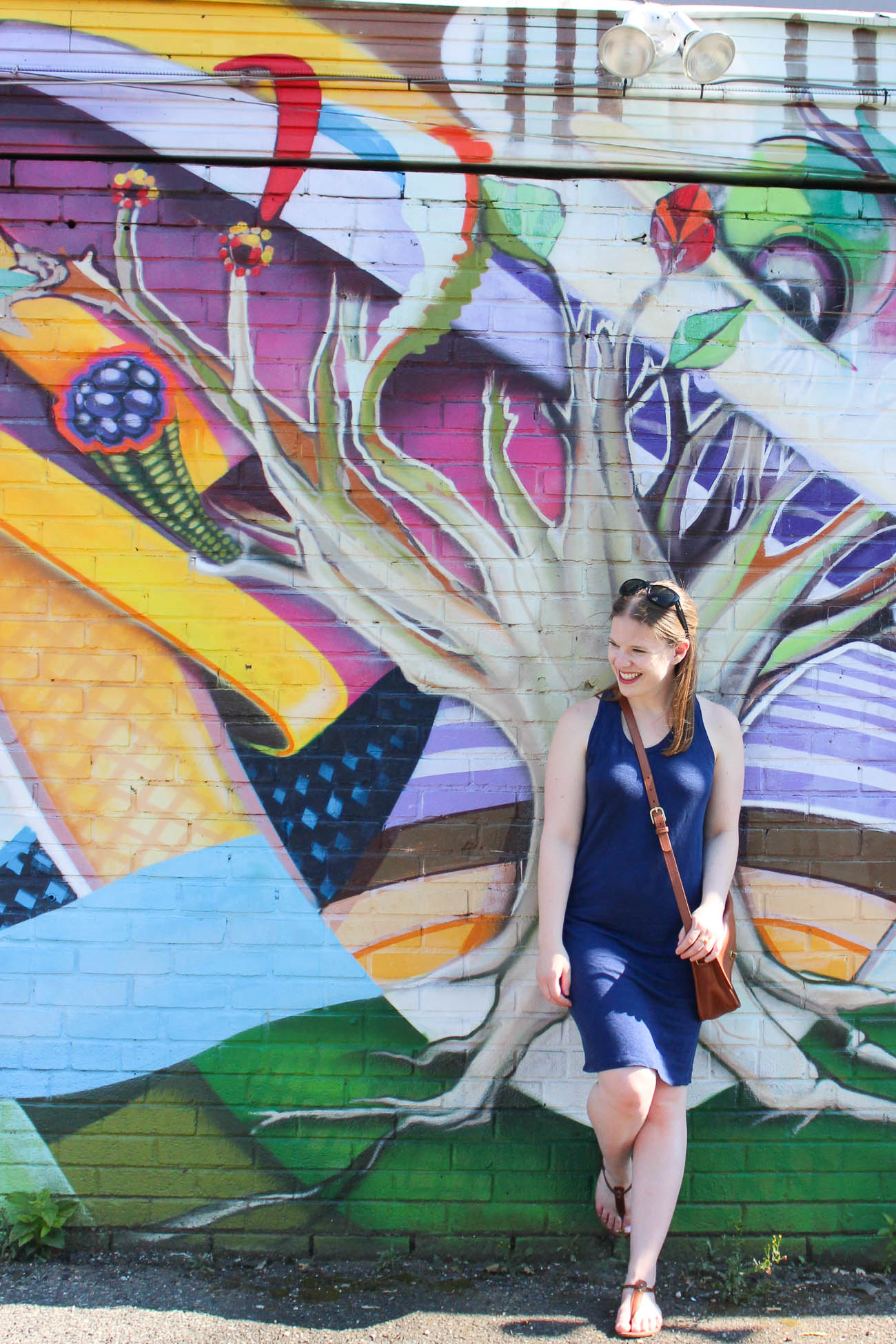 Surviving Summer Heat With A Linen Tank Dress | Something Good, @danaerinw , everlane linen tank dress, navy dress, navy tank dress, linen dress, women's fashion, summer fashion, summer clothing, style, sandals, brown sandals, crossbody bag, mural, cognac bag,