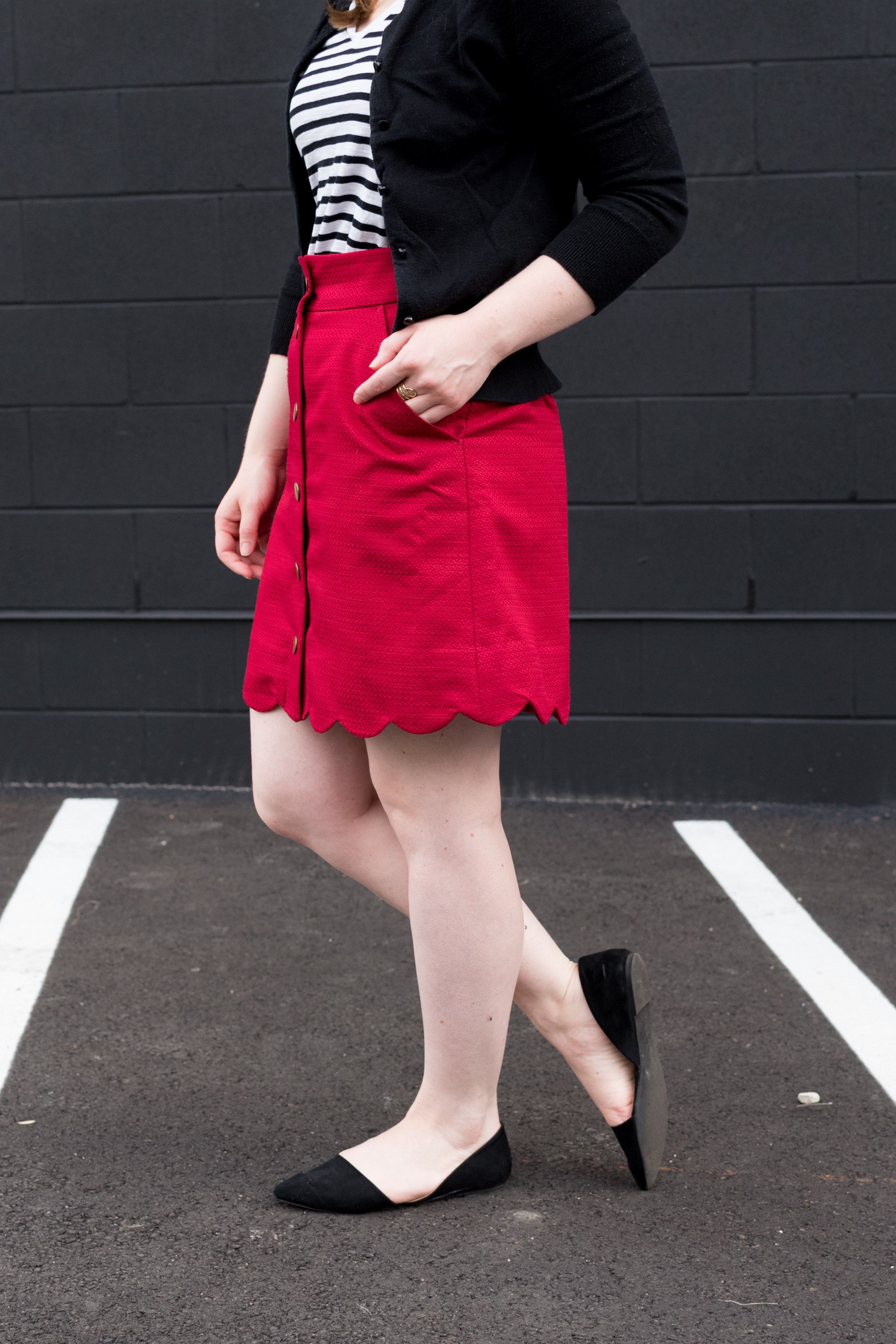 The Perfect Skirt to Transition Your Outfit From Summer to Fall | Something Good, @danaerinw , scalloped skirt, red skirt, d'orsay flats