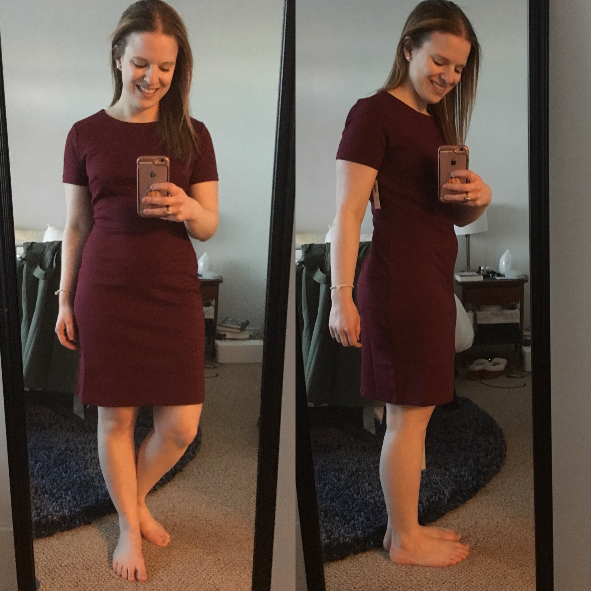woman wearing Old Navy Ponte-Knit Sheath Dress Maroon