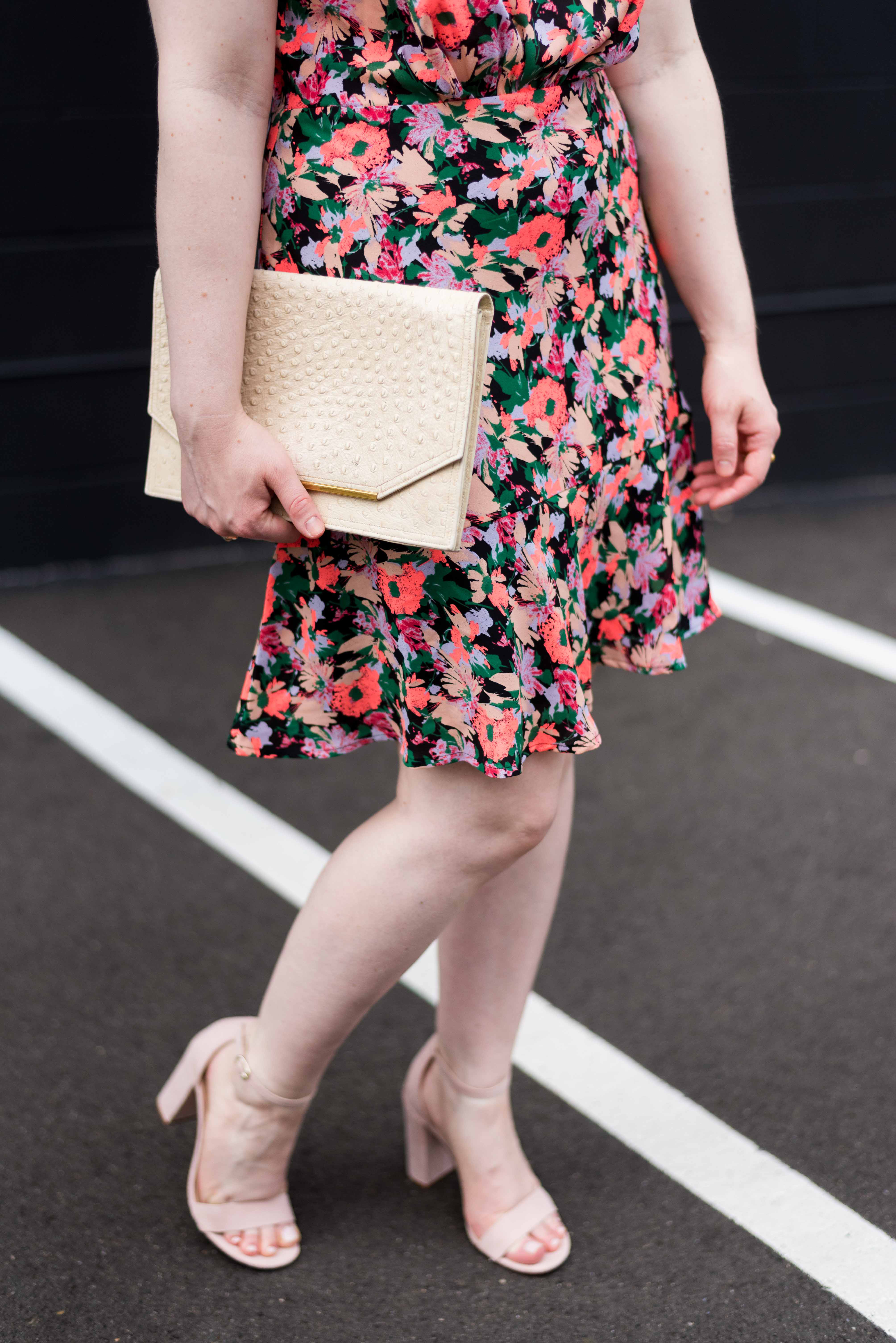 DC woman blogger wearing J.Crew Mercantile ruched-waist neon floral dress