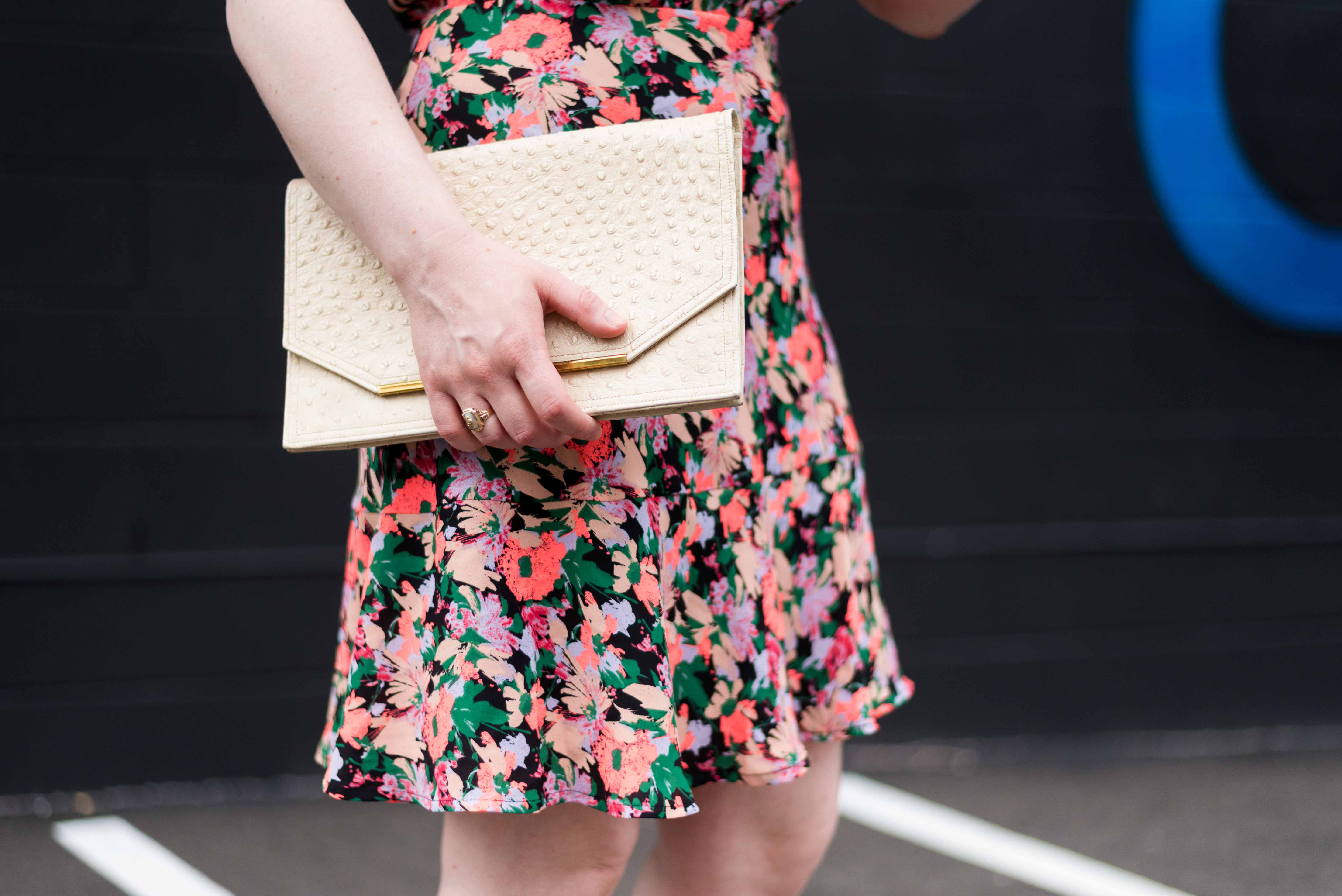DC woman blogger wearing J.Crew Mercantile ruched-waist neon floral dress