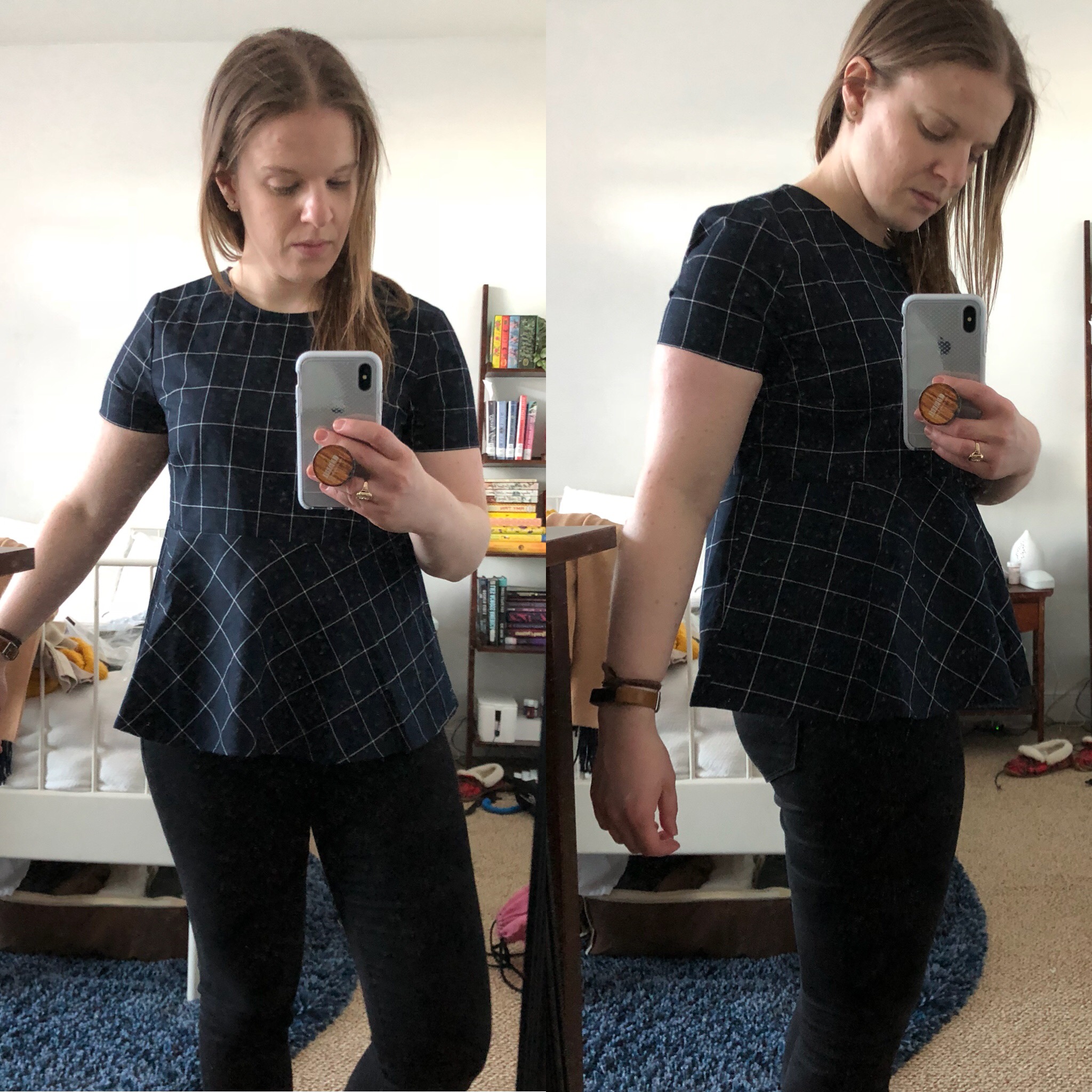 DC woman blogger wearing J.Crew Structured peplum top in windowpane check