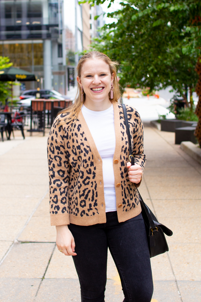 J.Crew sweater in leopard woman blogger wearing J.Crew sweater in leopard print