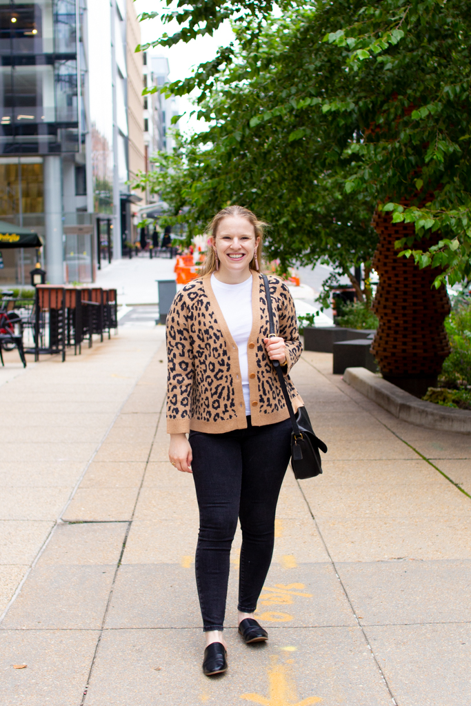 Leopard Cardigan woman blogger wearing J.Crew cardigan in leopard print | Styling a Leopard Cardigan