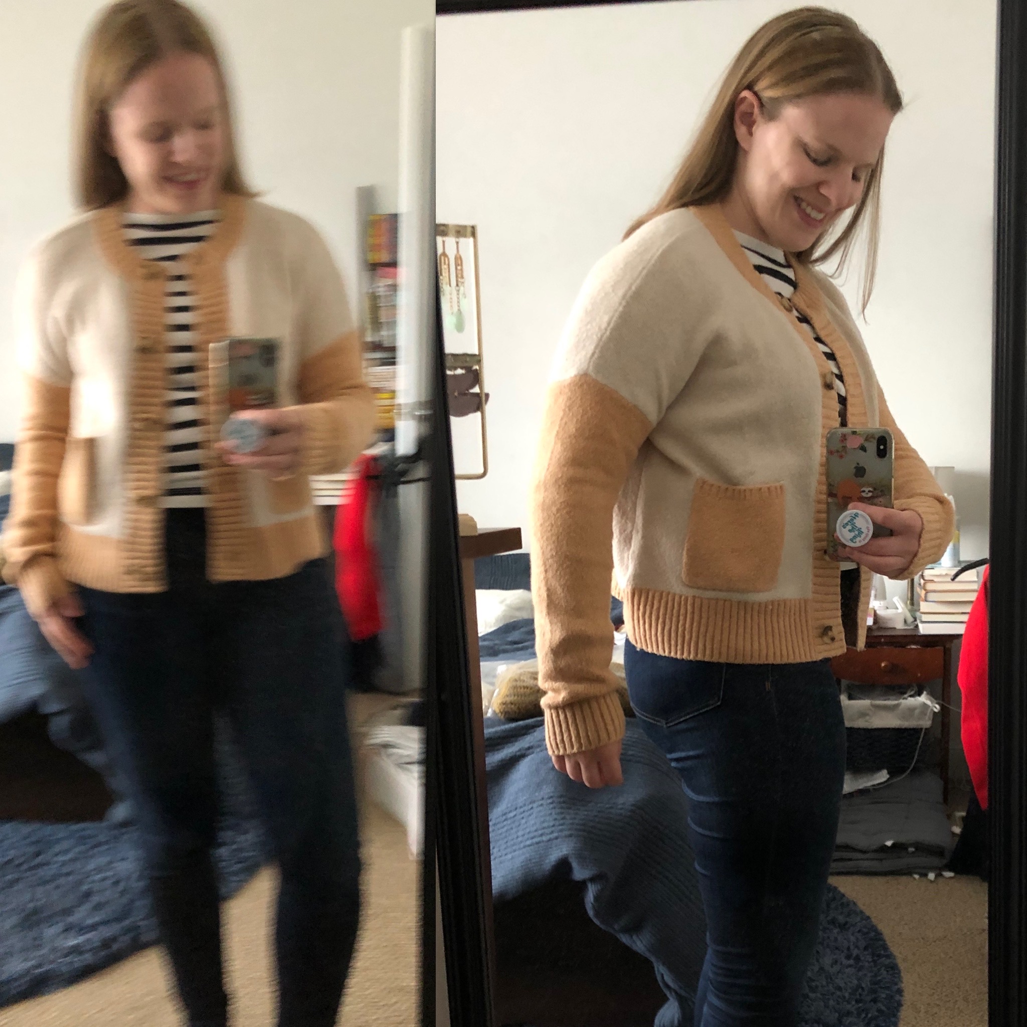 woman wearing Madewell Colburne Colorblock Coziest Textured Yarn Cardigan