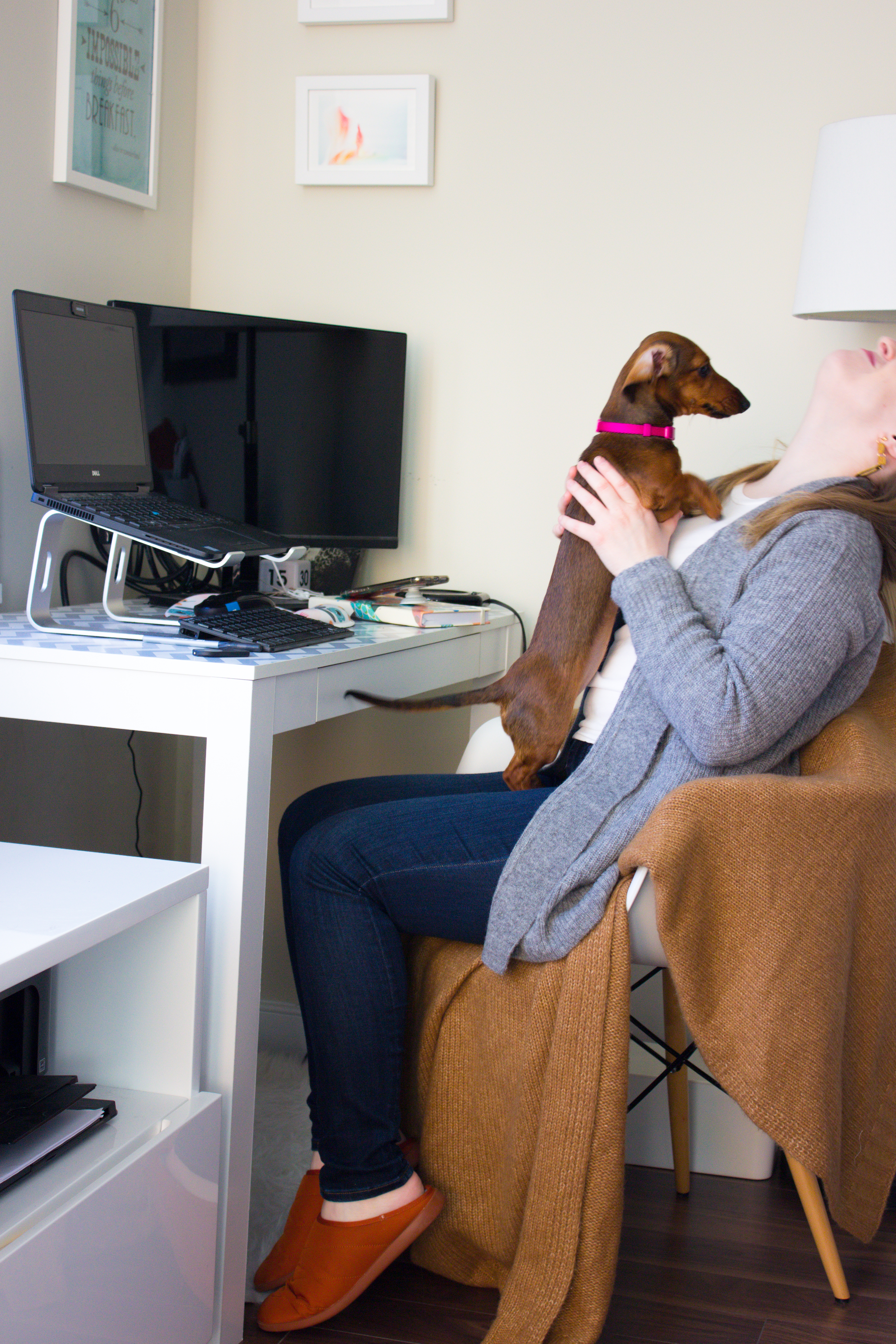 working from home at desk with dog woman blogger working from home at desk with dog