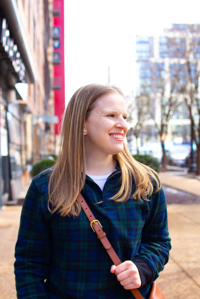 closeup of woman blogger wearing plaid Ralph Lauren Pullover