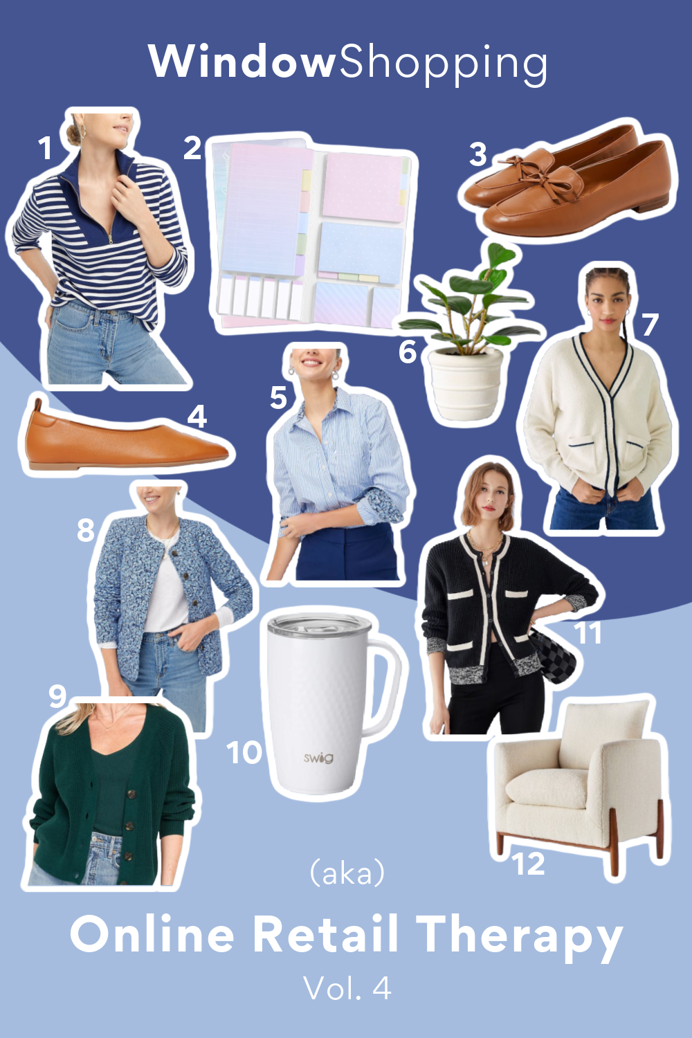 Window Shopping Vol 4, a collection of clothing, Striped Half-Zip Sweatshirt, Sticky Notes Set, Bow Loafers, Day Glove Flats, Button Up Shirt, Faux Mini Plant, V-Neck Cardigan, Quilted Jacket, Cardigan Sweater, Insulated Travel Mug, Front Pocket Cardigan, Accent Chair