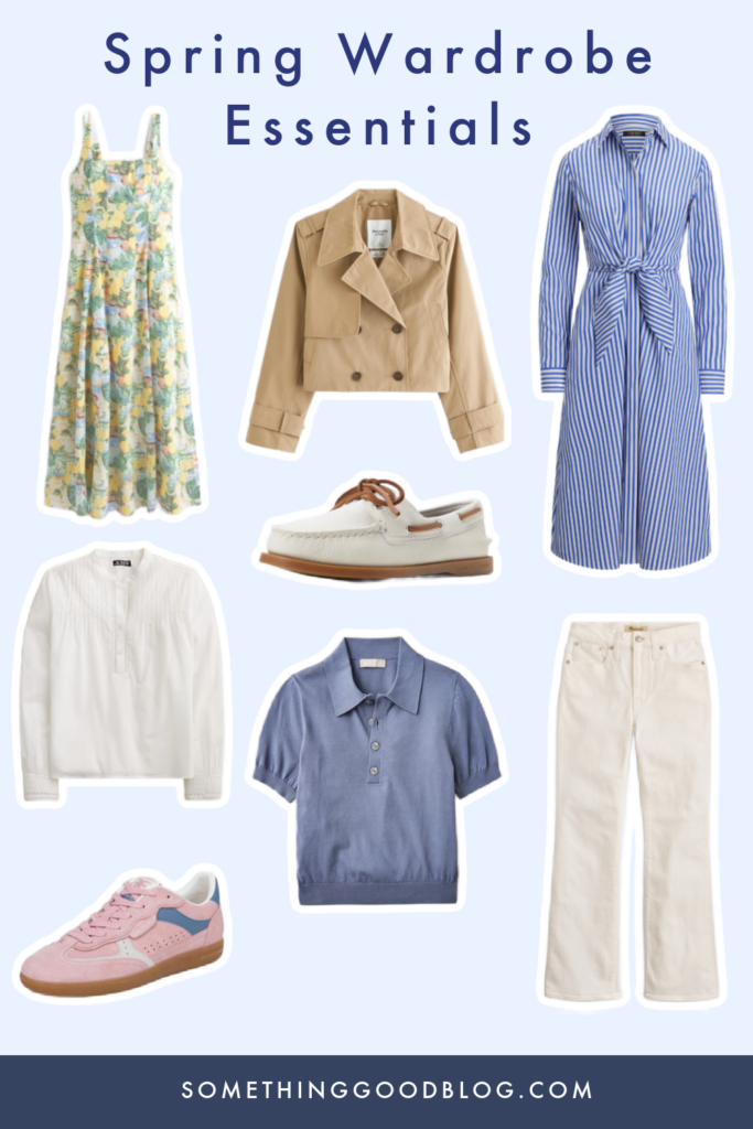 Spring Wardrobe Essentials: Must-Have Pieces for 2025, abercrombie and fitch mila floral dress, j.crew white lace top, lauren ralph lauren striped shirtdress, white crop flare jeans, blue polo sweater top, pink sneakers, sperry authentic boat shoes, a&f cropped trench