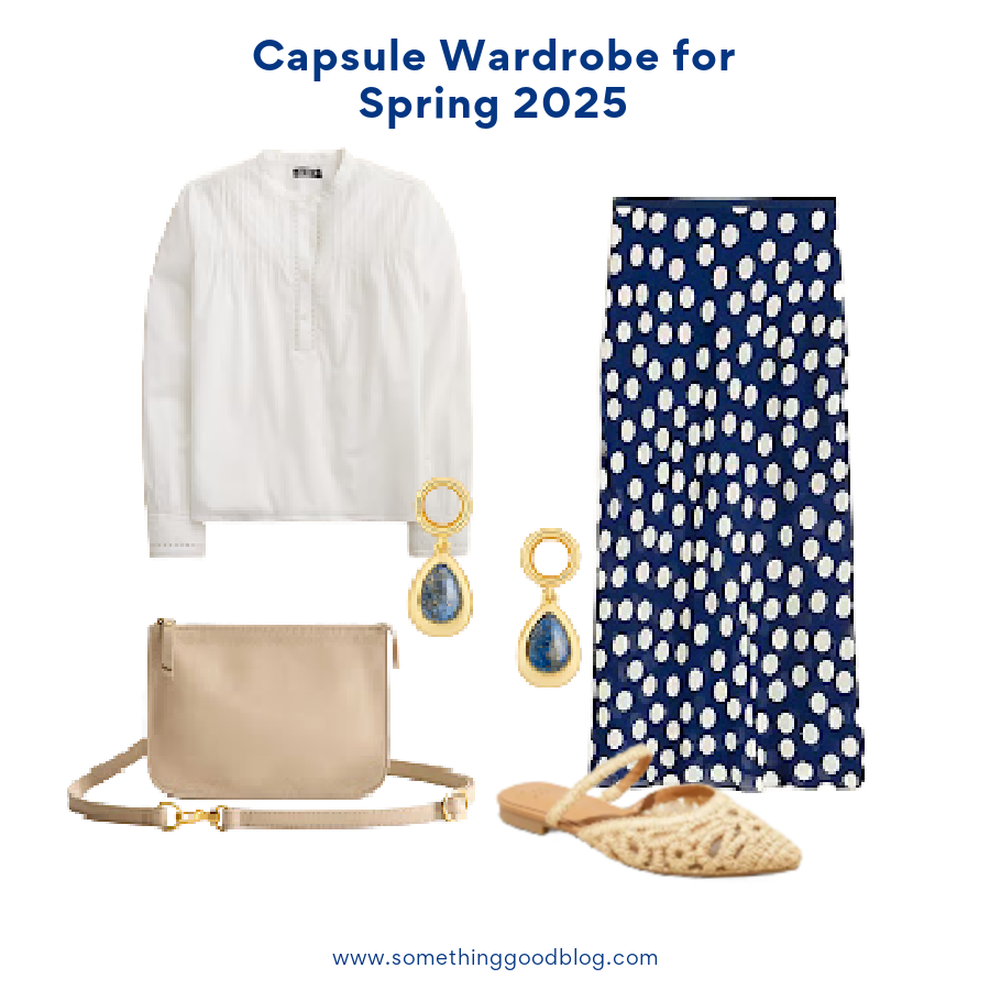 J.Crew Pintuck lace-trim top in cotton voile, J.Crew New Gwyneth slip skirt in polka-dot viscose chiffon, Target Women's Vienna Raffia Woven Mule Flats - A New Day™ Tan, Quince Italian Leather Convertible Belt Bag, J.Crew Pearl and stone drop earrings