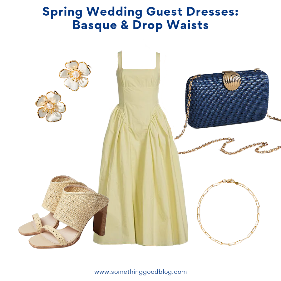 guest basque dress with ASTR THE LABEL Vinya Square Neck Sleeveless Drop Waist Midi Dress, 42 GOLD Linx Women's block heel sandal, SHIRALEAH Shell Raffia Clutch, anthropologie THE PINK REEF Handpainted Earrings, QUINCE | Women's 14K Gold Paperclip Chain Bracelet
