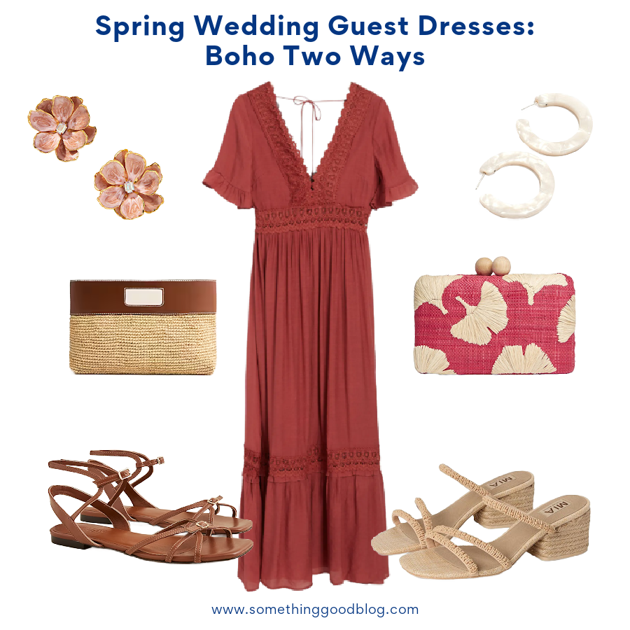 spring wedding guest boho dress with nordstrom rack WISHLIST Short Sleeve Crochet Dress, MIA MLE-Inara Women's sandal, KAYU Ami Embroidered Straw Clutch Bag, madewell Acetate Hoop Earrings, anthropologie THE PINK REEF Handpainted Earrings, j.crew New Capri buckle sandals in leather, j.crew Handknotted raffia rectangular clutch with leather handles