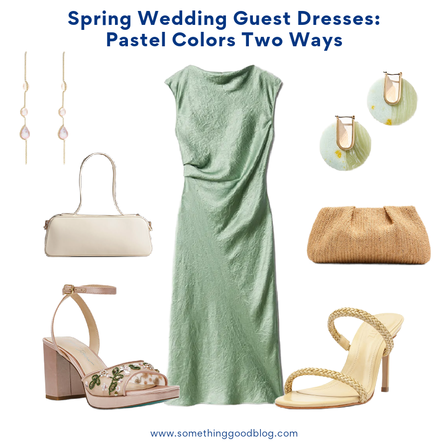 spring wedding guest textured dress with & Other Stories Bias-Cut Satin Midi Dress, ANTHROPOLOGIE East West Shoulder Bag, BETSEY JOHNSON Kirra Pink mesh floral Ankle Strap Sandal, Schutz Women's Taliah Woven Slip-On Dress Sandals, J.CREW Lady Grey Threaded Pearl Earrings, BANANA REPUBLIC Riviera Raffia Clutch