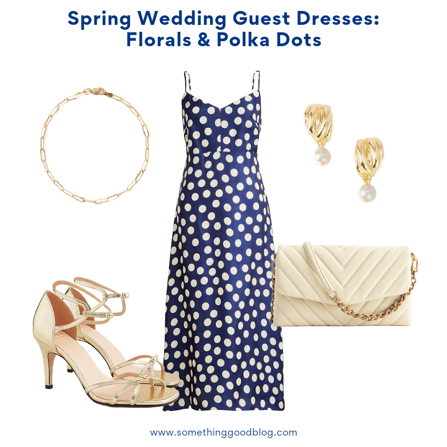 spring wedding guest polka dress with j.crew Natasha slip dress in polka-dot print, j.crew Made-in-Italy cage-toe heels in metallic leather, QUINCE Women's 14K Gold Paperclip Chain Bracelet, Italian Leather Quilted Wallet Crossbody
Quince