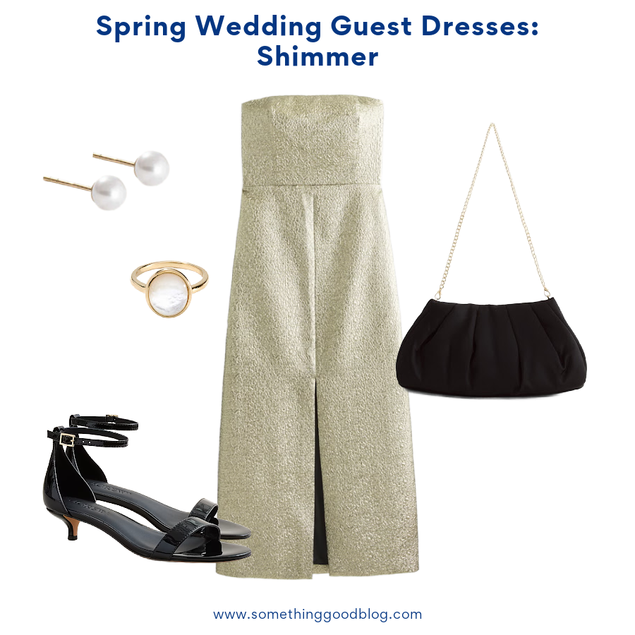 spring wedding guest shimmer dress with Abercrombie & Fitch Women's Metallic Strapless Midi Dress, Abercrombie & Fitch Women's Satin Clutch, QUINCE Women's Mother of Pearl Ring, j.crew Ankle-strap kitten-heel sandals in patent leather, QUINCE Women's Mother of Pearl earrings