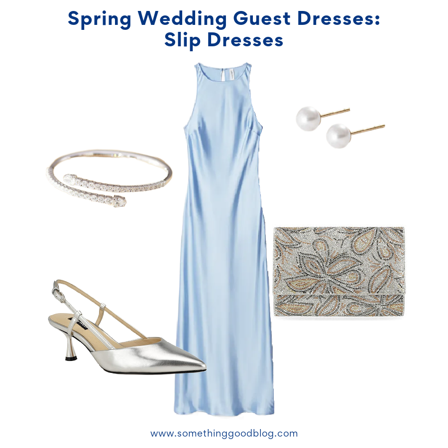 slip dress with & Other Stories Sleeveless Satin Midi Dress spring wedding guest slip dress with quince 14K Gold Freshwater Cultured Pearl Studs, Nine West Women's Rhonda Tapered Heel Slingback Pumps, Gunne Sax by Jessica McClintock Alexis Floral Clutch Evening Bag, anthropologie NADRI Emerald Isle Bypass Bracelet