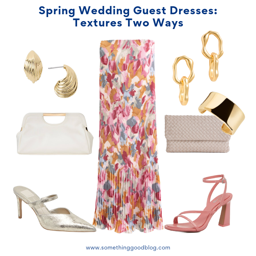 spring wedding guest textured watercolor dress with The A&F Giselle Pleat Release Midi Dress, Spring Wedding Guest Textured Dresses, madewell Molten Link Hoop Earrings, ANN TAYLOR Textured Teardrop Stud Earrings, DOLCE VITA | Kanika Pointed Toe Pump, QUINCE Italian Leather Handwoven Convertible Clutch, Target A NEW DAY Frame Clutch Bag, BAUBLEBAR | Ashton Cuff Bracelet, DSW Mix No. 6 Harllow Sandal