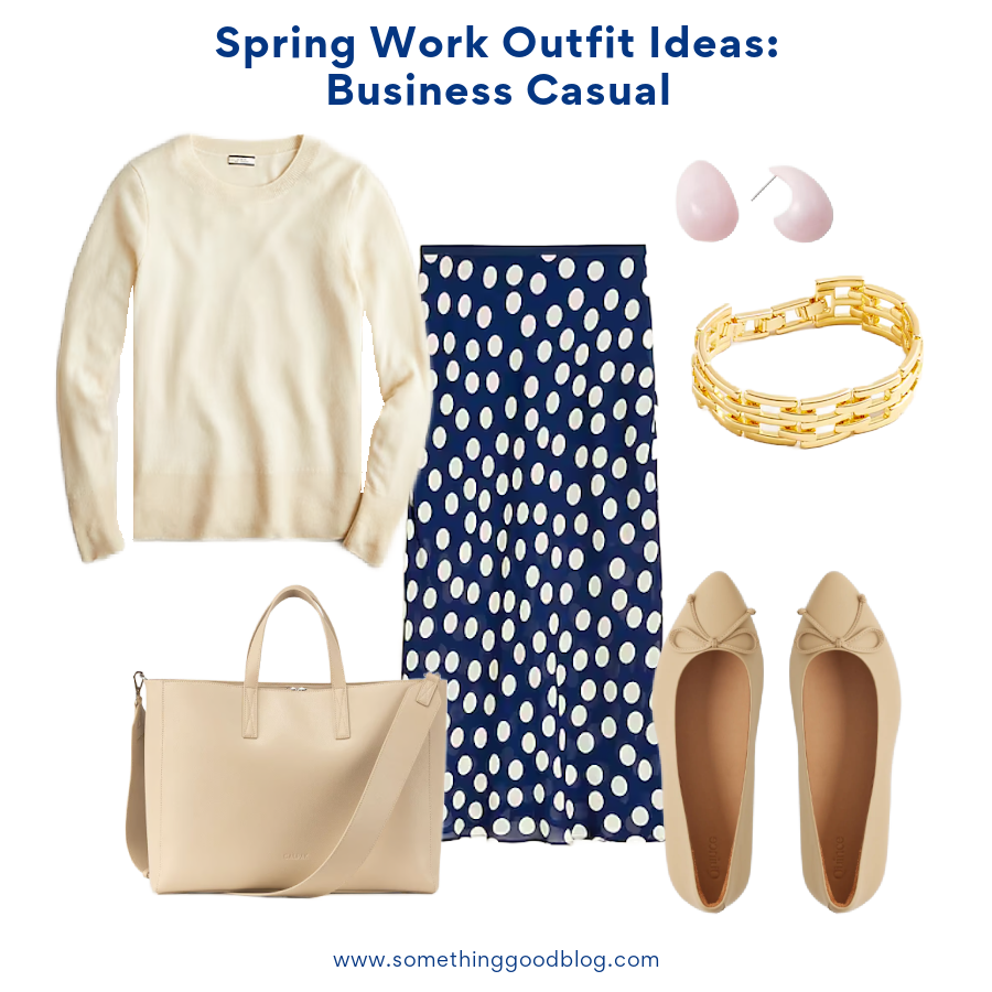 Spring Work Outfit Ideas, business casual office attire with a j.crew navy satin polka dot skirt, beige cashmere crewneck sweater, nude ballet flats, nude tote, gold bracelet