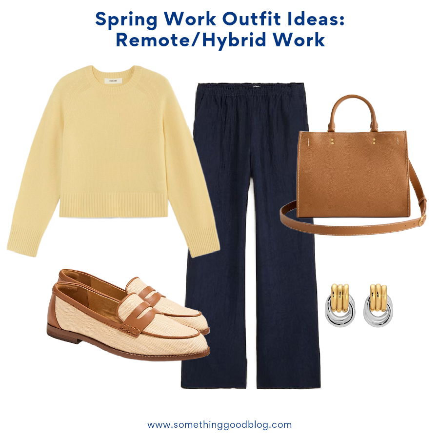 Spring Work Outfit Ideas | Something Good | A Style Blog, remote hybrid office attire with j.crew navy satin wide leg pants, butter yellow cashmere crewneck sweater, woven loafers, cognac tote, silver and gold earrings