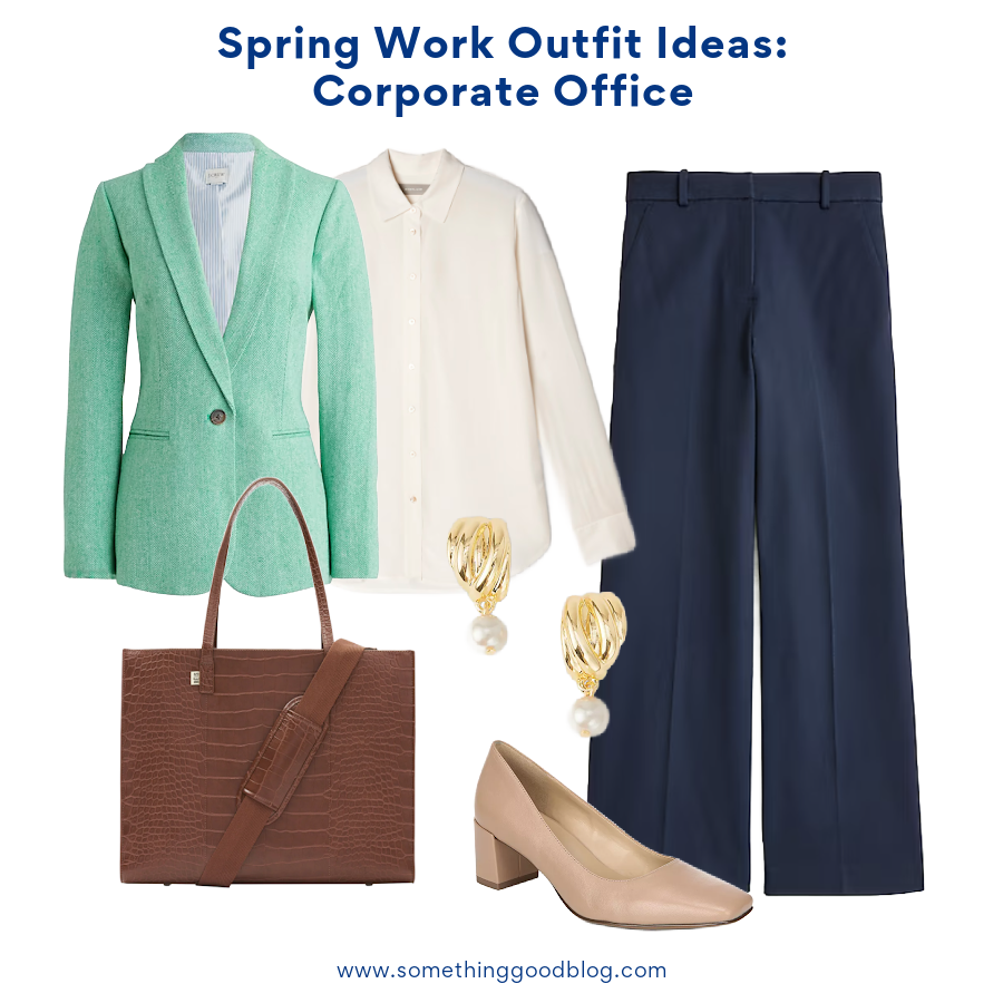 Spring Work Outfit Ideas for a professional office with j.crew navy wide leg pants, j.crew factory mint blazer, everlane white silk top, chocolate Beis croc leather tote, naturalizer nude pump, ann taylor gold pearl earrings